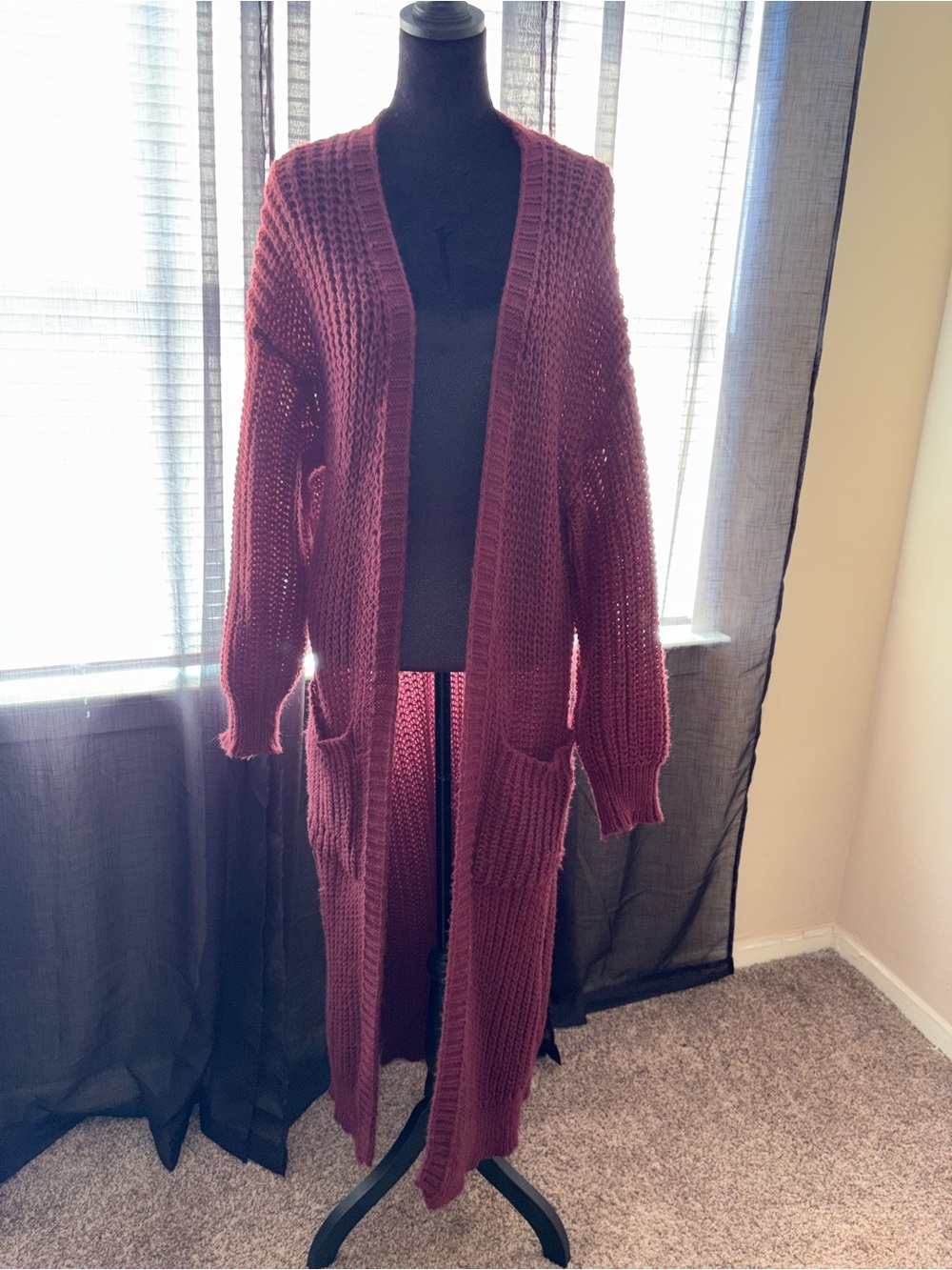 H&M Long Open-Front Wine Knit Cardigan